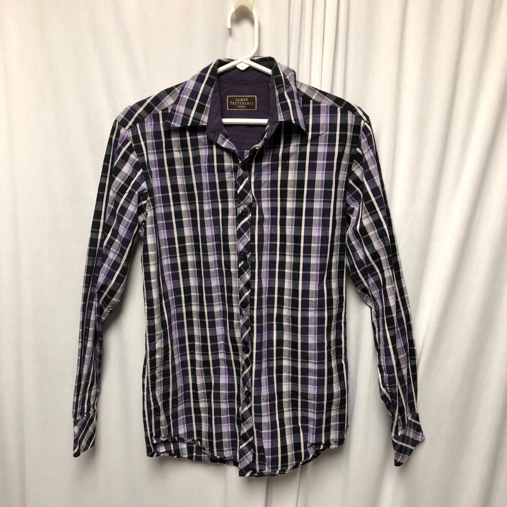 James Tattersall London Dress Shirt Mens Size Small Button Up Purple Black Plaid
